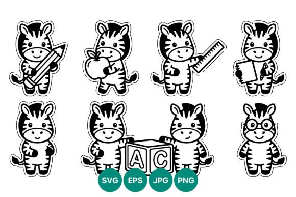 Cartoon Zebra School Supplies Line Art
