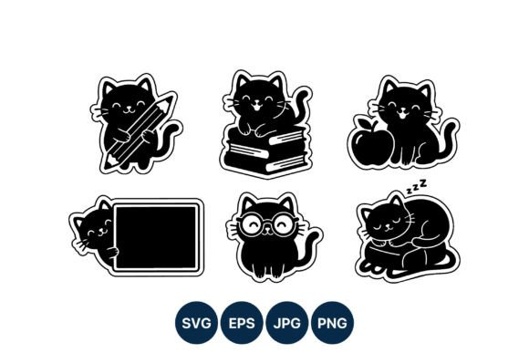 Cute Cat School Cartoon Black White Graphics