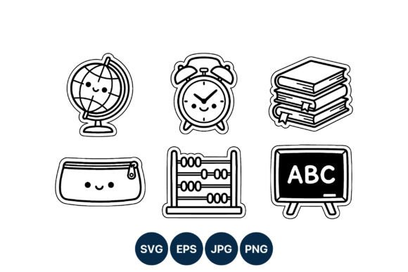 Cute Kawaii Black White School Objects Graphics