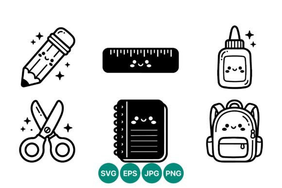 Cute Kawaii School Supplies Icons