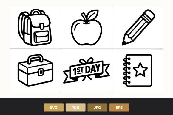 School First Day Line Art Icons: Graphics for Learning & Creativity