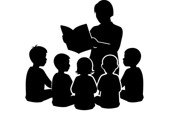 Teacher Silhouette Reading to Children Graphics